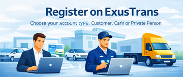 Página de registro en ExusTrans con tres tipos de cuenta para clientes, transportistas y particulares en toda Europa